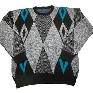 Vintage 90s Argyle Sweater Men L Gray Black Teal Knit Cosby Diamond Grandpa